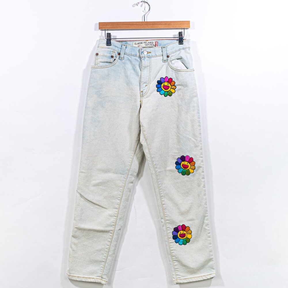 Levis 550 Relaxed Tapered Jeans Custom Embroidered Flower Smiley Face